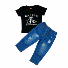 Load image into Gallery viewer, Two Pieces Boys Outfit Set Letter Print Top And Distressed Jeans
