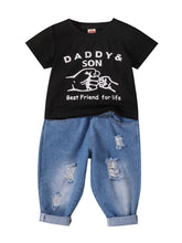 Load image into Gallery viewer, Two Pieces Boys Outfit Set Letter Print Top And Distressed Jeans
